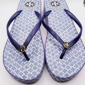 Tory Burch Blue Thandie Wedge Flip Flops